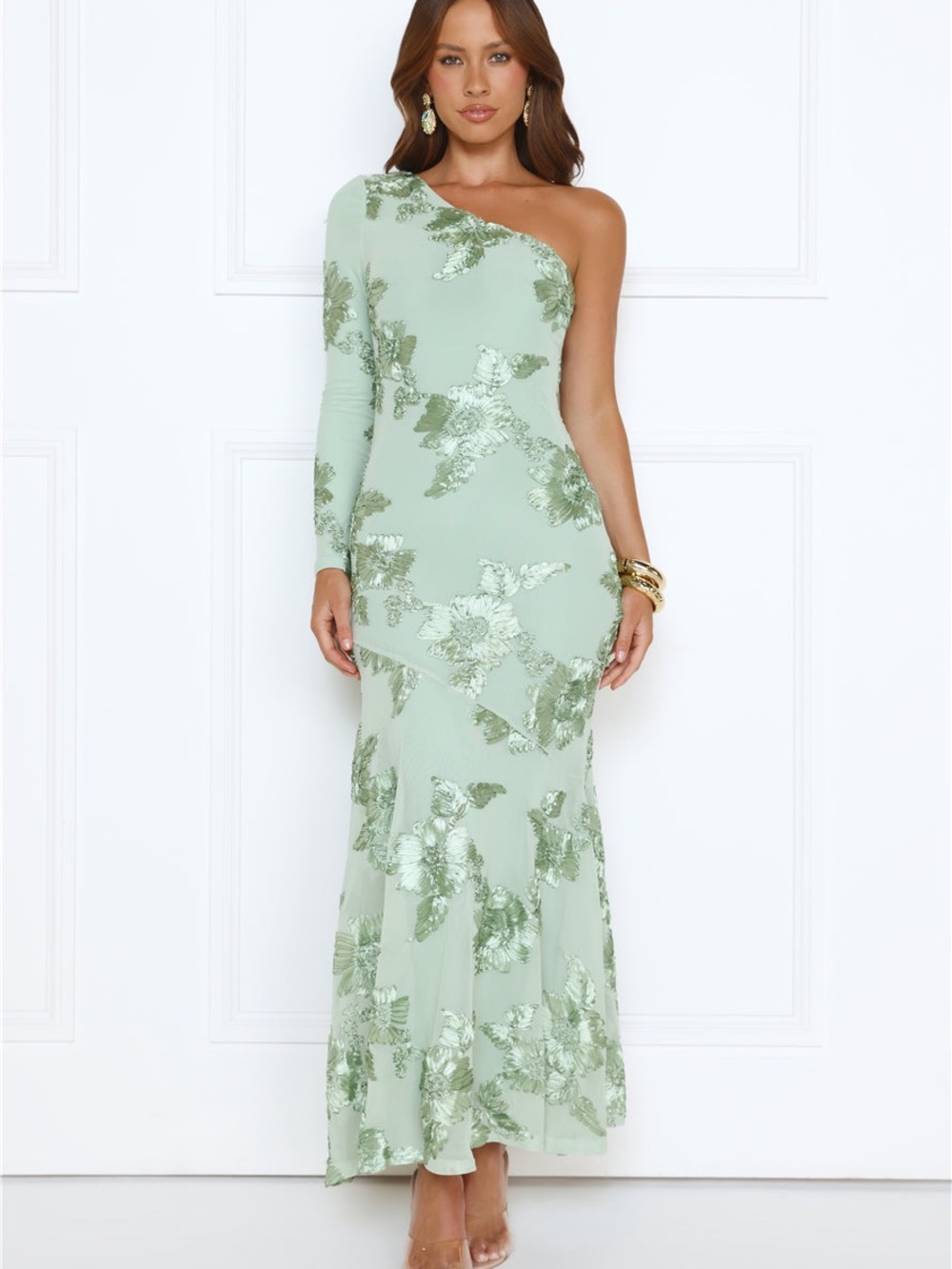 Glow Queen Energy One Shoulder Embroidered Mesh Maxi Dress Sage NWT Size XL